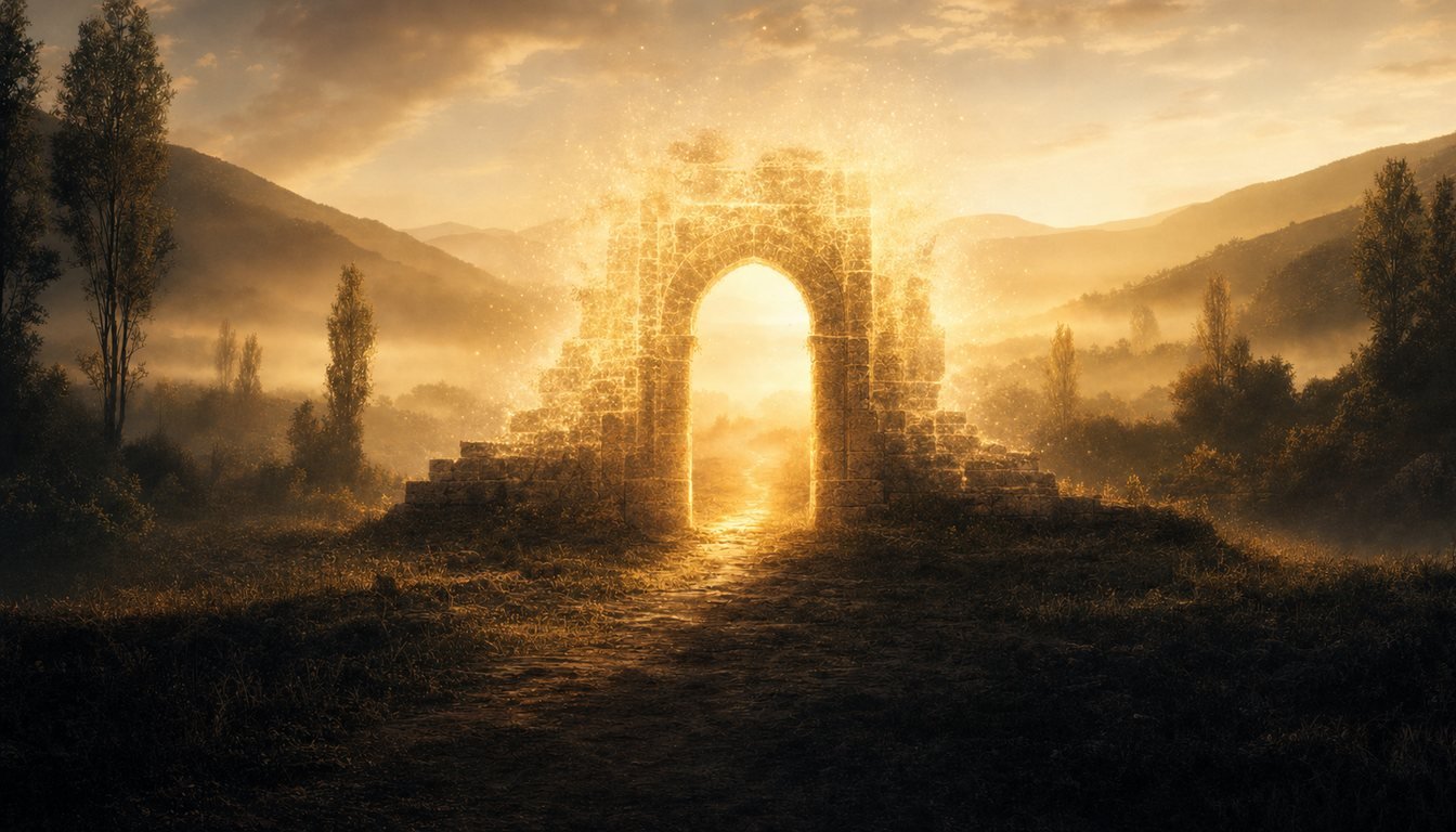 Geistiges Tor aus goldenem Stein, durch das sanftes Licht strömt
